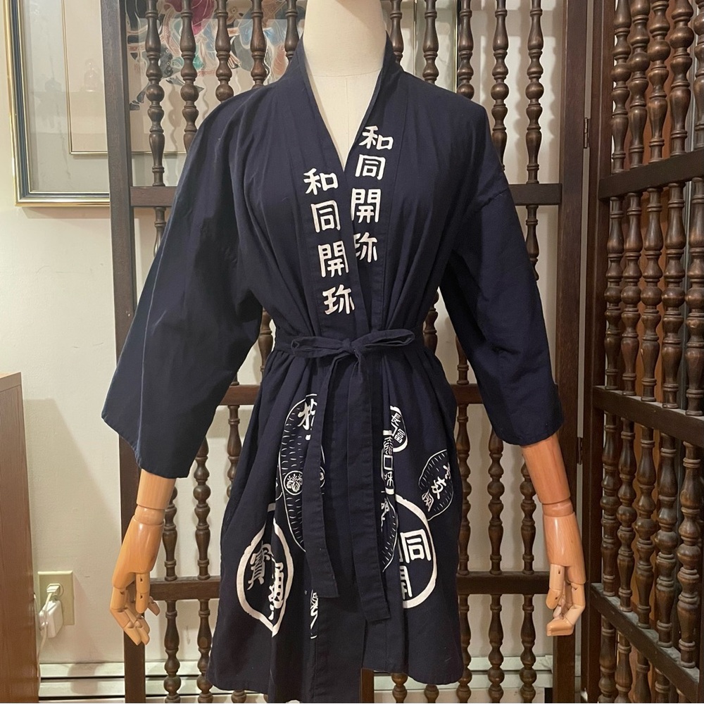 Vintage 1960s Blue Cotton Short Kimono Made in Japan Unisex Size 35 XS/S